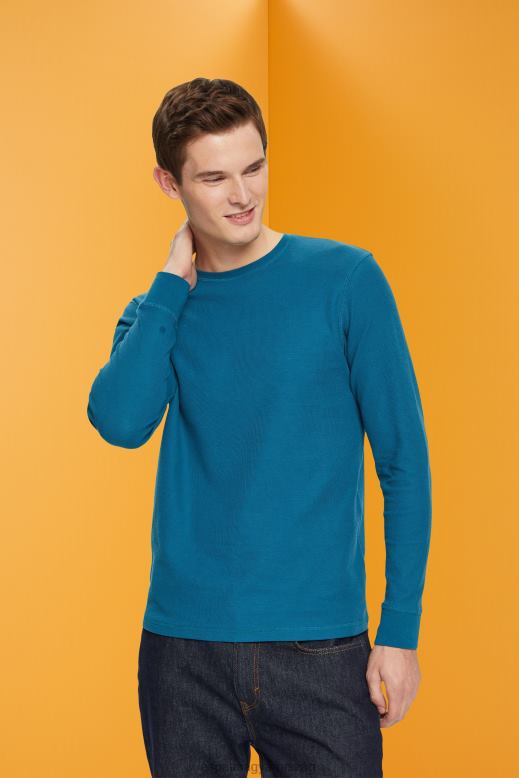 Esprit gofri piké hosszú ujjú felső férfiak sötét türkiz hosszú ujj F8HN8851