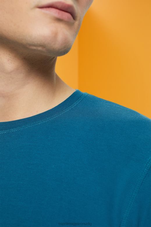 Esprit gofri piké hosszú ujjú felső férfiak sötét türkiz hosszú ujj F8HN8851