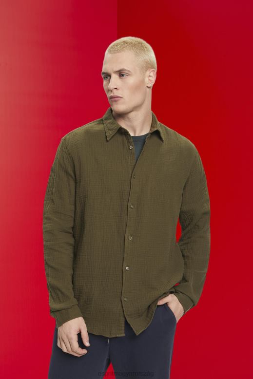 Esprit fenntartható pamut muszlin ing férfiak khaki zöld ingek F8HN8756