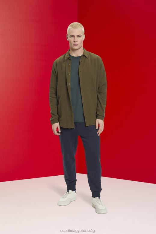 Esprit fenntartható pamut muszlin ing férfiak khaki zöld ingek F8HN8756