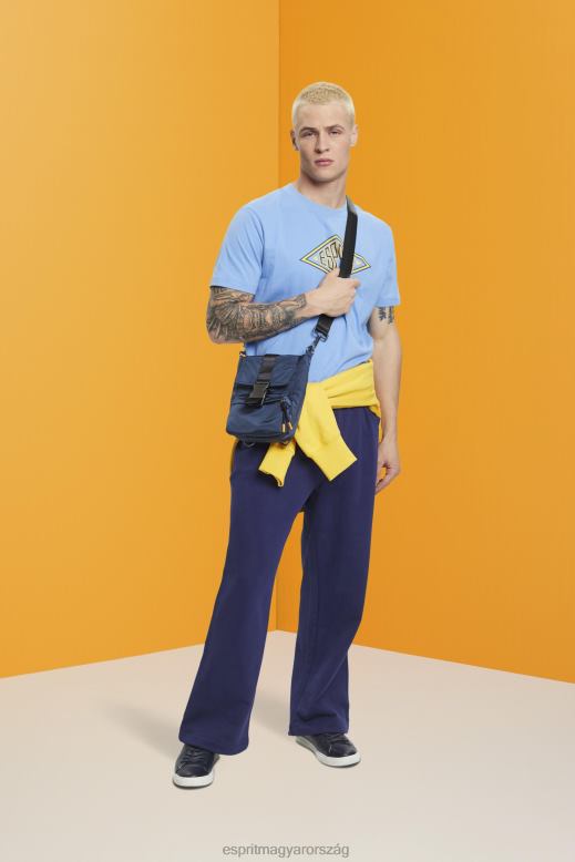 Esprit logóval nyomtatott pamut póló férfiak világoskék levendula pólók F8HN8627