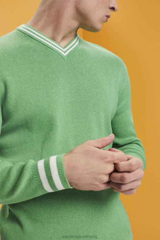 Esprit V-nyakú fenntartható pamut pulóver férfiak zöld pulóverek F8HN8726