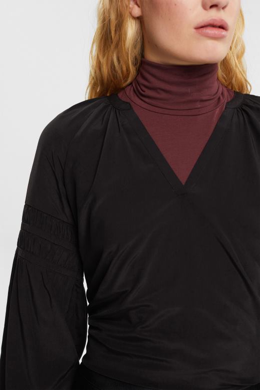 Esprit blúz smocked részletekkel, lenzing ecovero nők fekete blúzok F8HN8370