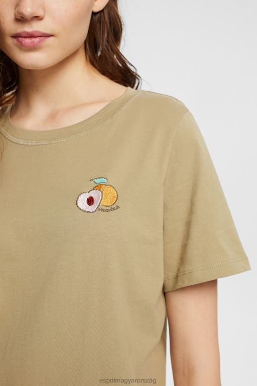 Esprit póló hímzett motívummal nők halvány khaki pólók F8HN8557