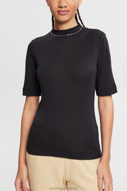 Esprit póló szalaggalléros, tencel nők fekete pólók F8HN8374