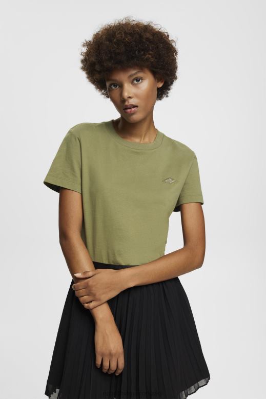 Esprit pamut póló hímzett logóval nők olajbogyó pólók F8HN8149