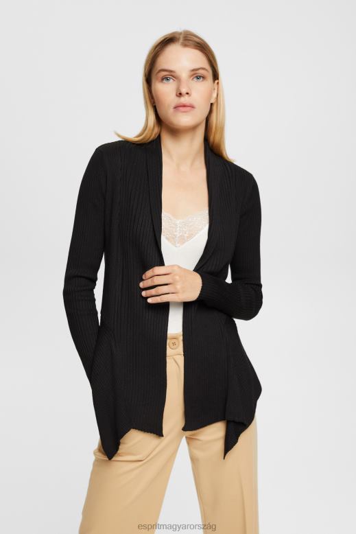 Esprit újrahasznosított: bordás kardigán zsebkendő szegéllyel nők fekete pulóverek F8HN823