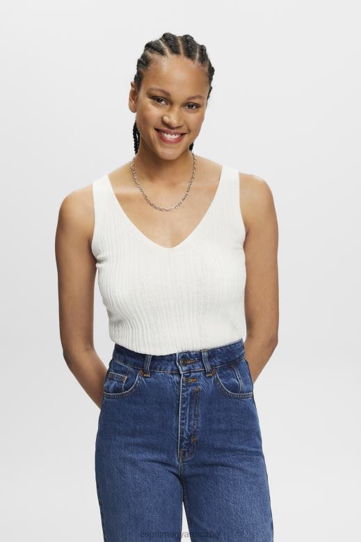 Esprit kötött v-nyakú felső vászonnal nők törtfehér pulóverek F8HN8305