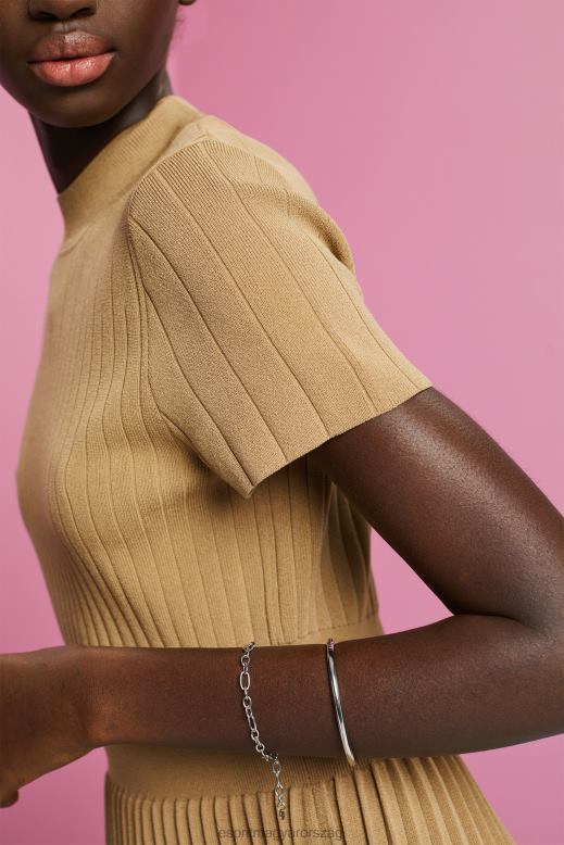 Esprit álnyakú hajtogatott midi ruha rövid ujjal nők khaki bézs ruhák F8HN8119