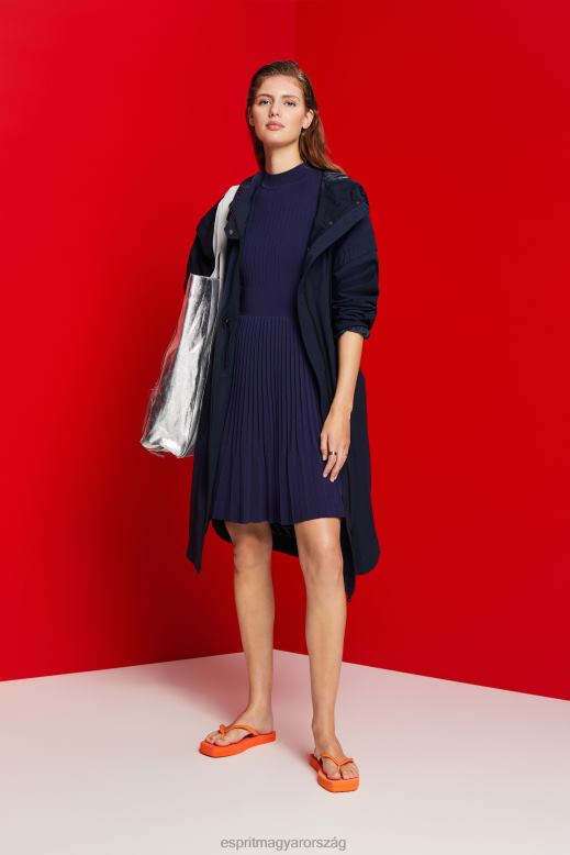Esprit álnyakú hajtogatott midi ruha rövid ujjal nők sötétkék ruhák F8HN8122