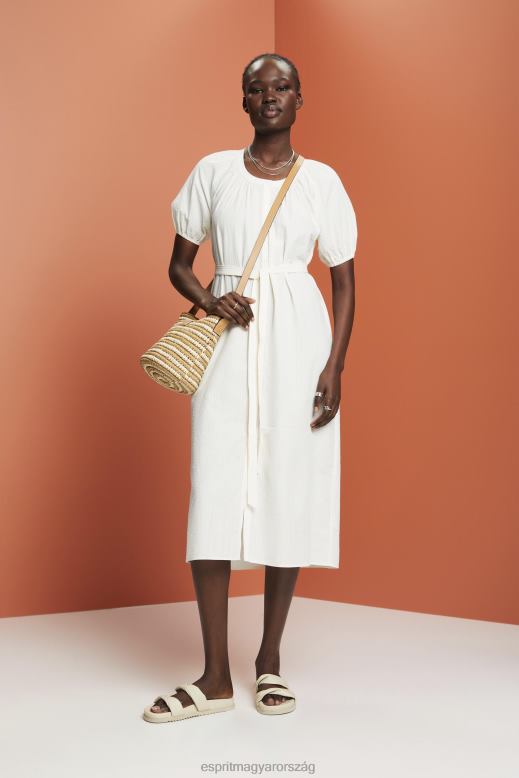 Esprit midi ing ruha megkötős övvel, pamut keverék nők fehér ruhák F8HN8235