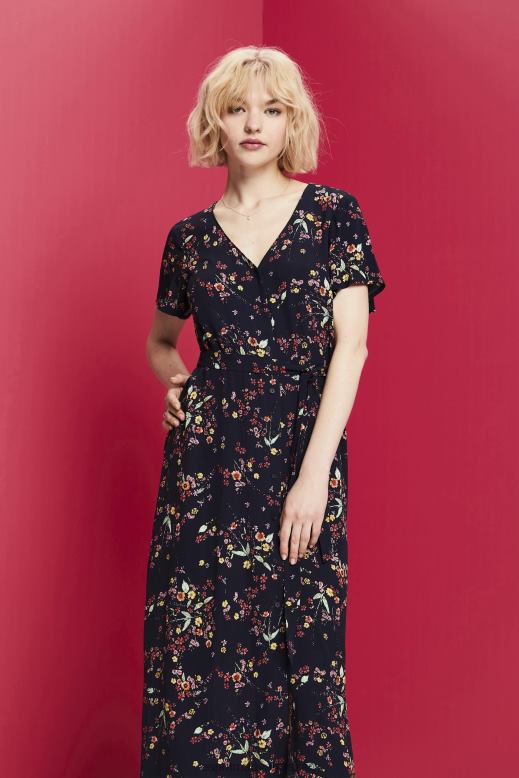 Esprit nyomott midi ruha megkötős övvel nők sötétkék ruhák F8HN8189