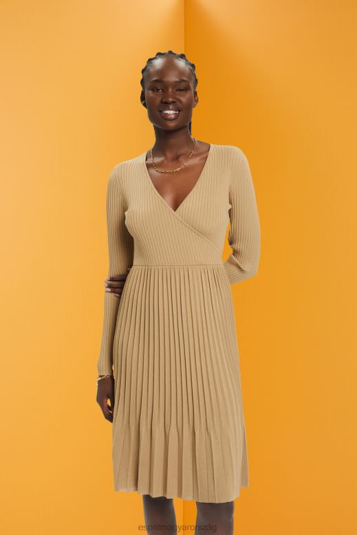 Esprit redőzött betakaró ruha hosszú ujjal nők khaki bézs ruhák F8HN8126