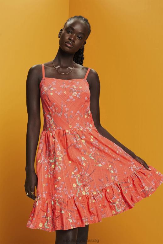 Esprit virágmintás pamut térdig érő ruha nők korall narancs ruhák F8HN8190