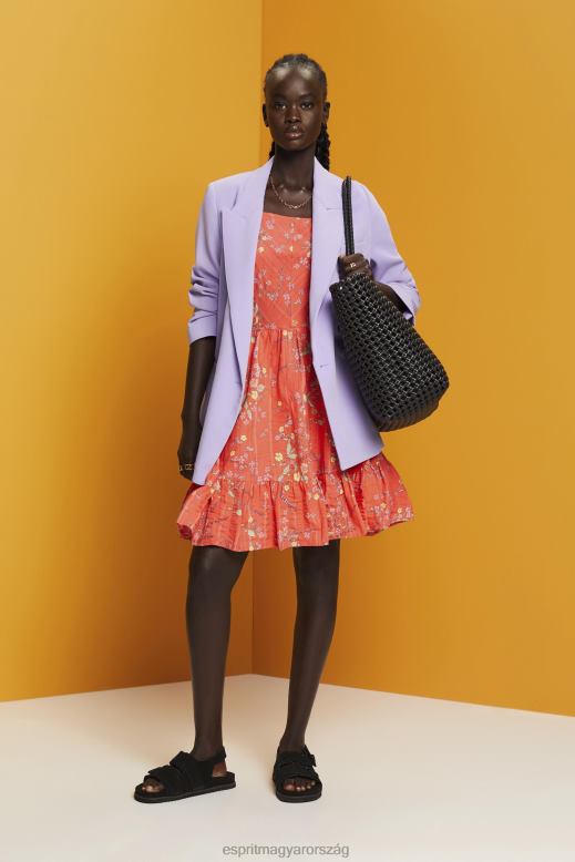 Esprit virágmintás pamut térdig érő ruha nők korall narancs ruhák F8HN8190